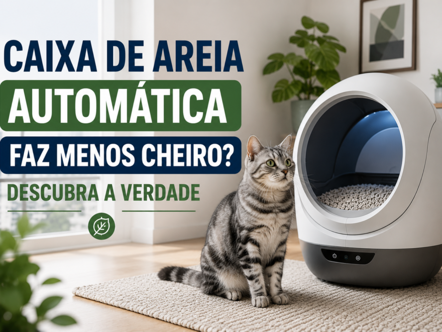 Gato cinza ao lado de caixa de areia automática moderna em apartamento clean mostrando se a caixa automática realmente faz menos cheiro dentro de casa