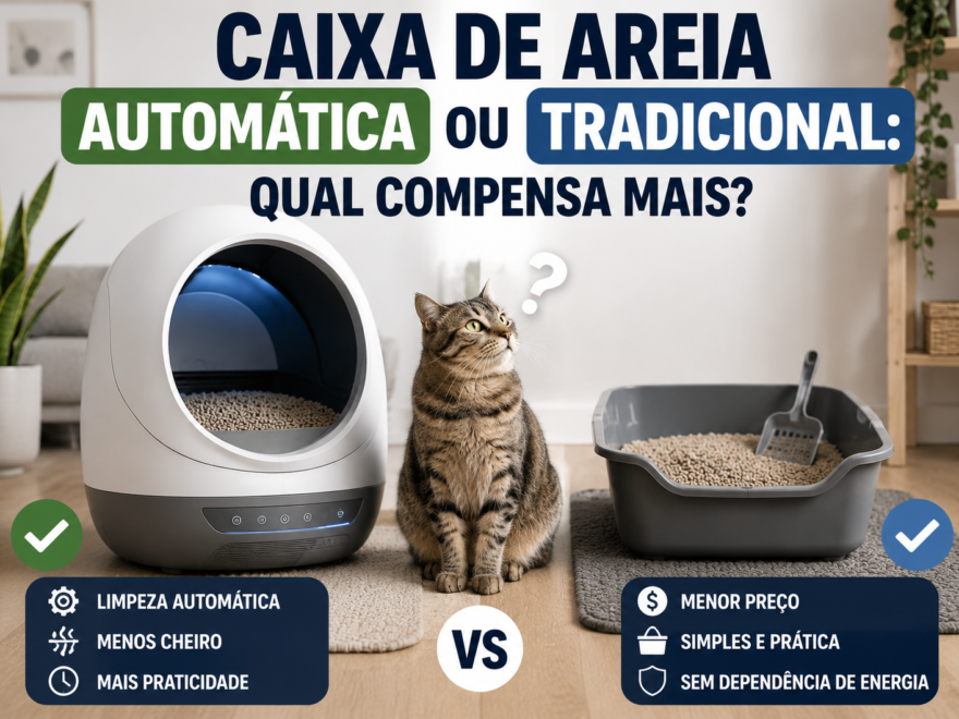 Comparação entre caixa de areia automática e caixa tradicional com gato ao centro em ambiente clean mostrando qual opção compensa mais no dia a dia