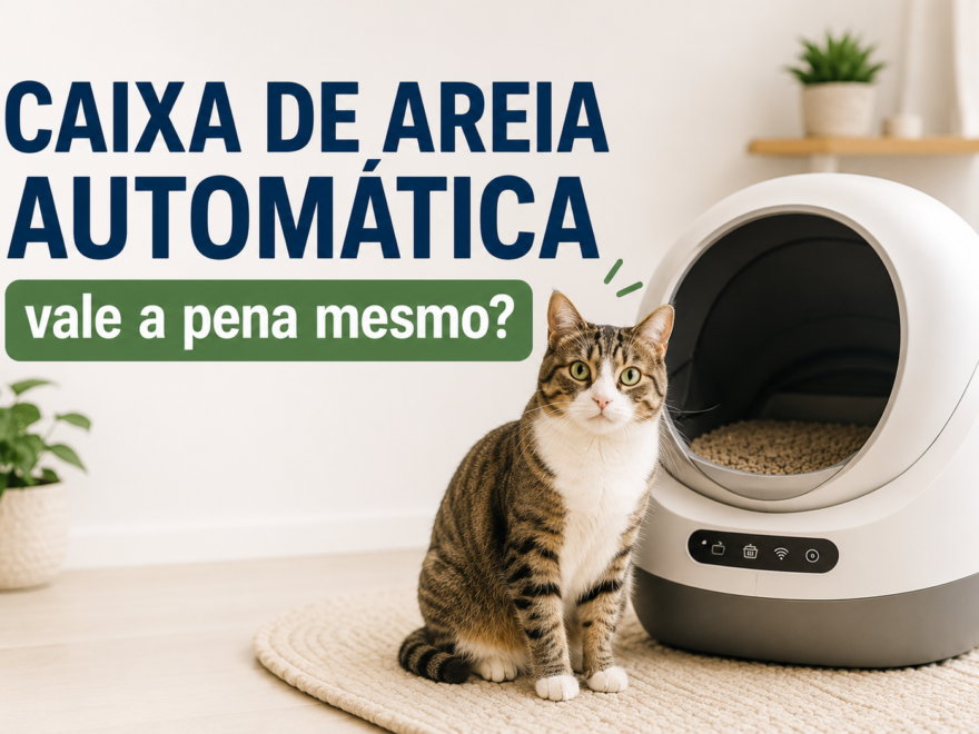 Gato ao lado de caixa de areia automática em ambiente clean mostrando se a caixa automática vale a pena para apartamentos e rotina corrida