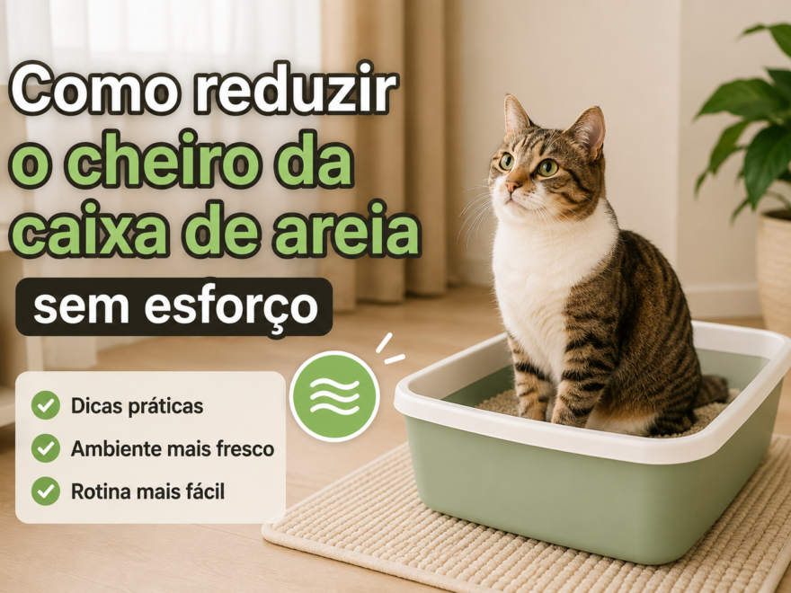 Gato ao lado da caixa de areia em ambiente clean mostrando dicas para reduzir o cheiro da caixa de areia sem esforço