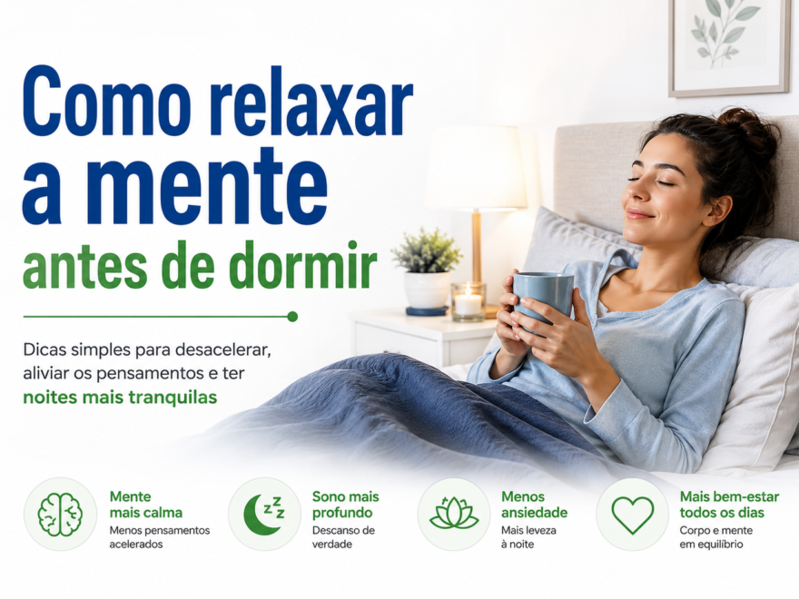 Mulher relaxando no quarto mostrando dicas para relaxar a mente antes de dormir e melhorar a qualidade do sono