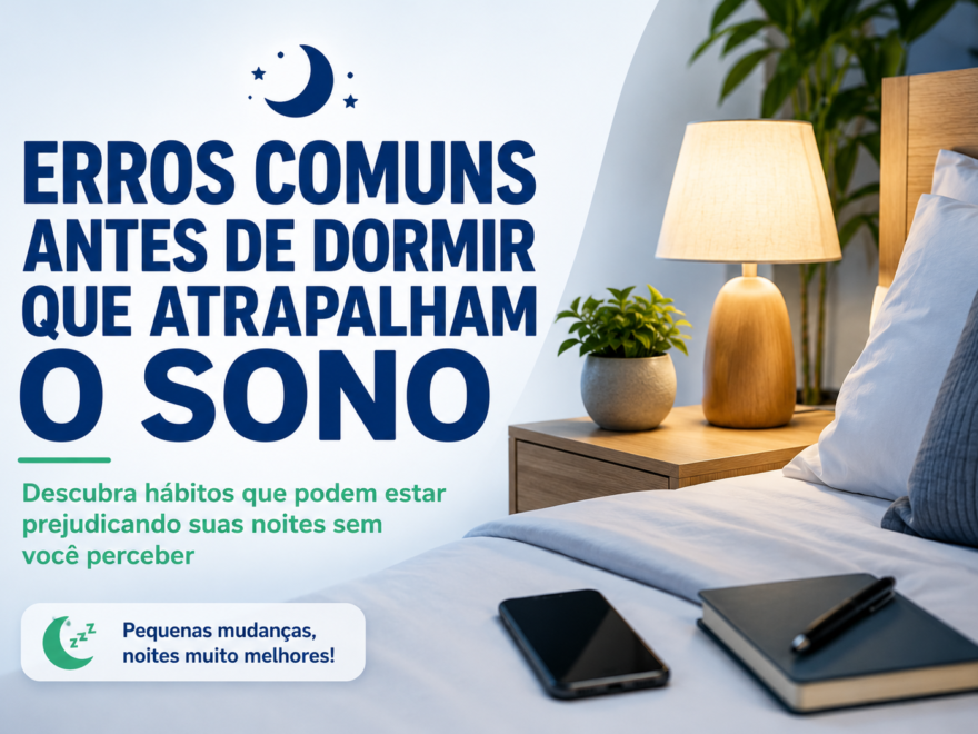 Quarto confortável com iluminação suave mostrando erros comuns antes de dormir que podem prejudicar a qualidade do sono