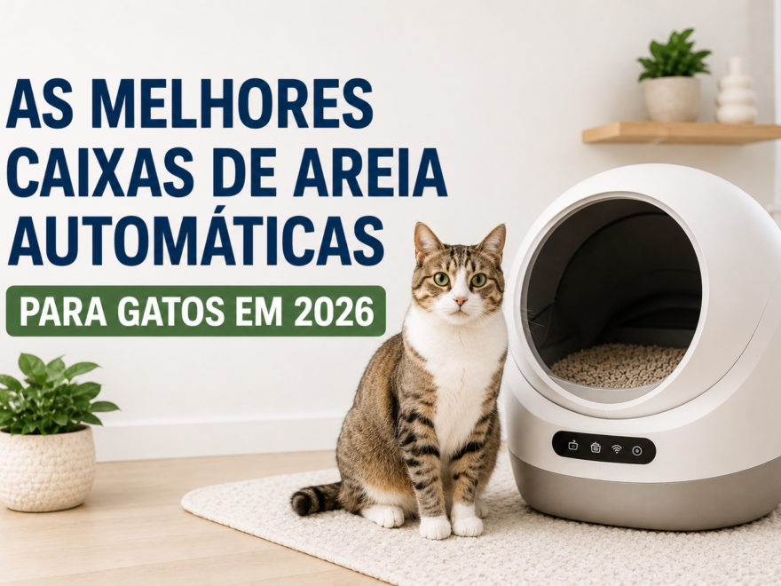 Gato ao lado de caixa de areia automática moderna em ambiente clean mostrando as melhores caixas de areia automáticas para gatos em 2026