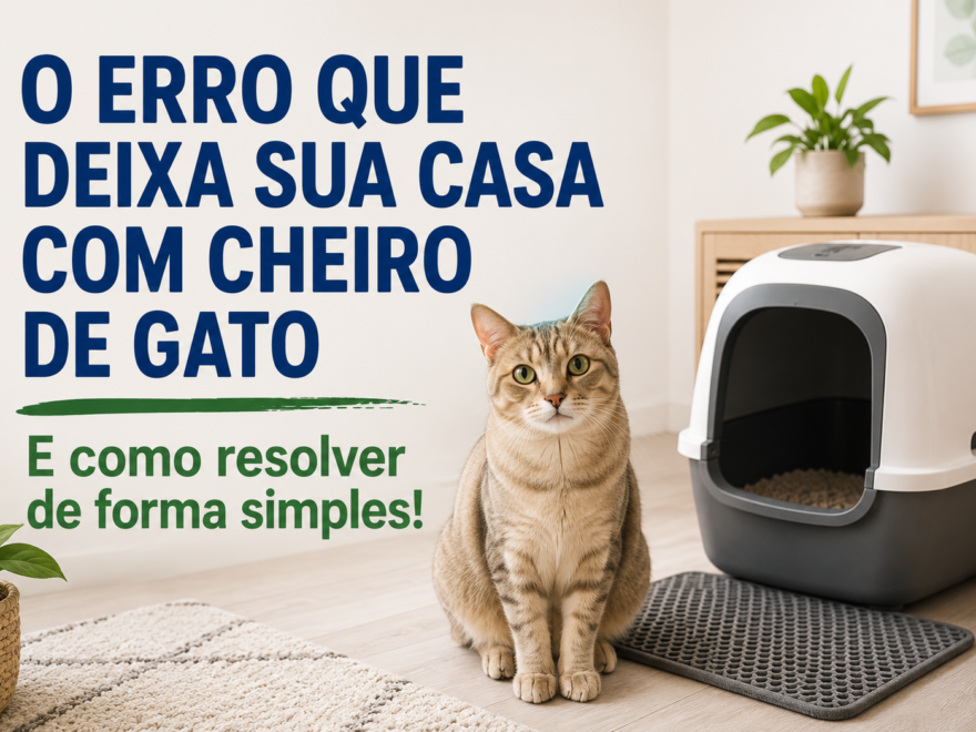Gato ao lado da caixa de areia mostrando como reduzir o cheiro da casa de forma simples