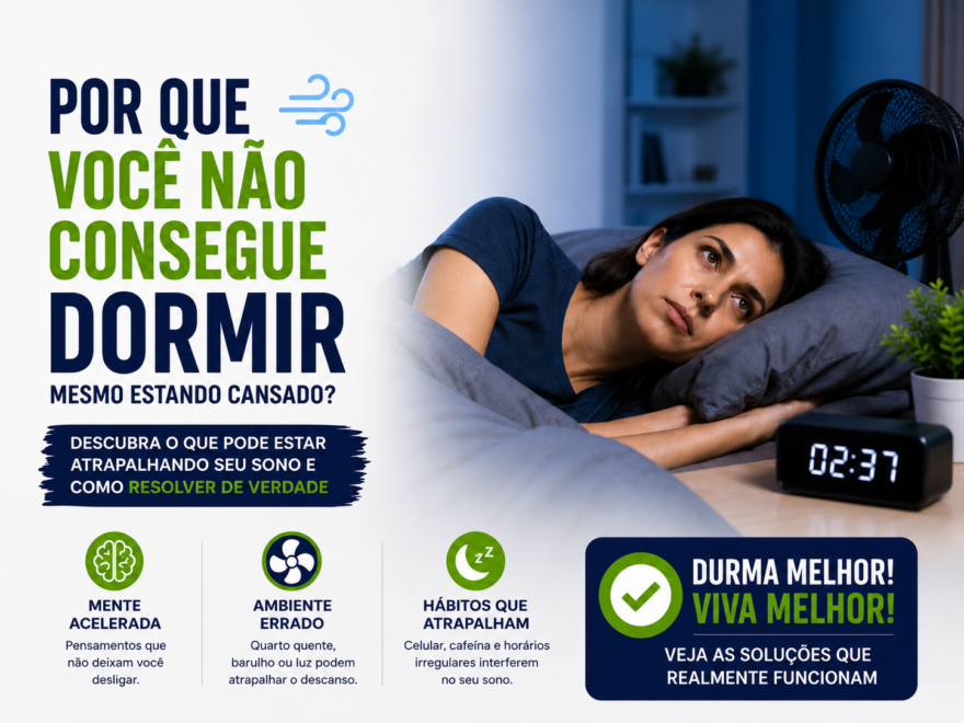 Mulher acordada durante a madrugada em quarto escuro com ventilador ao fundo e dicas sobre o que pode atrapalhar o sono mesmo estando cansado